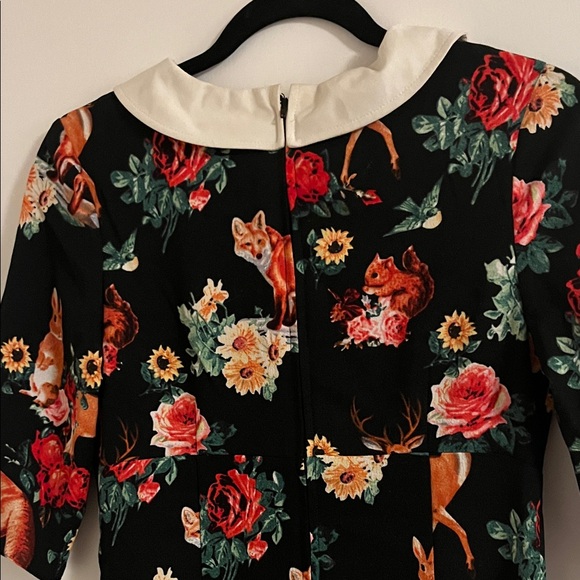 Floral and Forest Creature Print Dress with White Peter Pan Collar - Picture 6 of 8